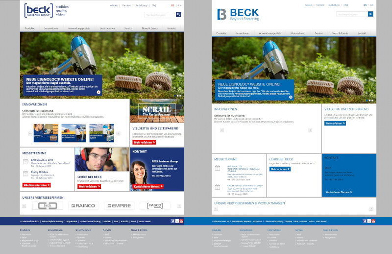 Vergleich der alten (links; Screenshot: archive.org) und neuen Website (rechts; Screenshot: beck-fastening.com) im neuen, modernen Design.
