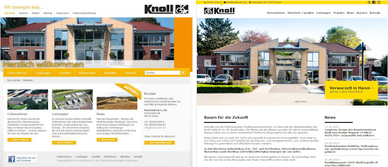 Vergleich der vorherigen (Quelle: web.archive.org) und der aktuellen Website (Screenshot knoll-haren.de)