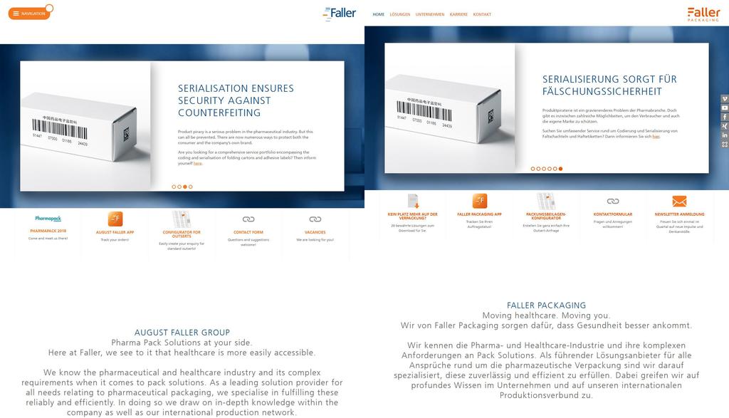 Vergleich bisherige (li.) und neue Website (re.). Quellen: web.archive.org und faller-packaging.com