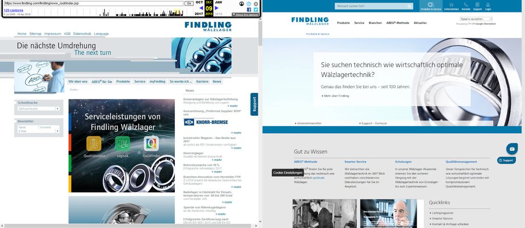 Vergleich der alten (links, Screenshot: web.archive.org) und der erweiterten neuen Website (rechts, Screenshot: www.findling.com).