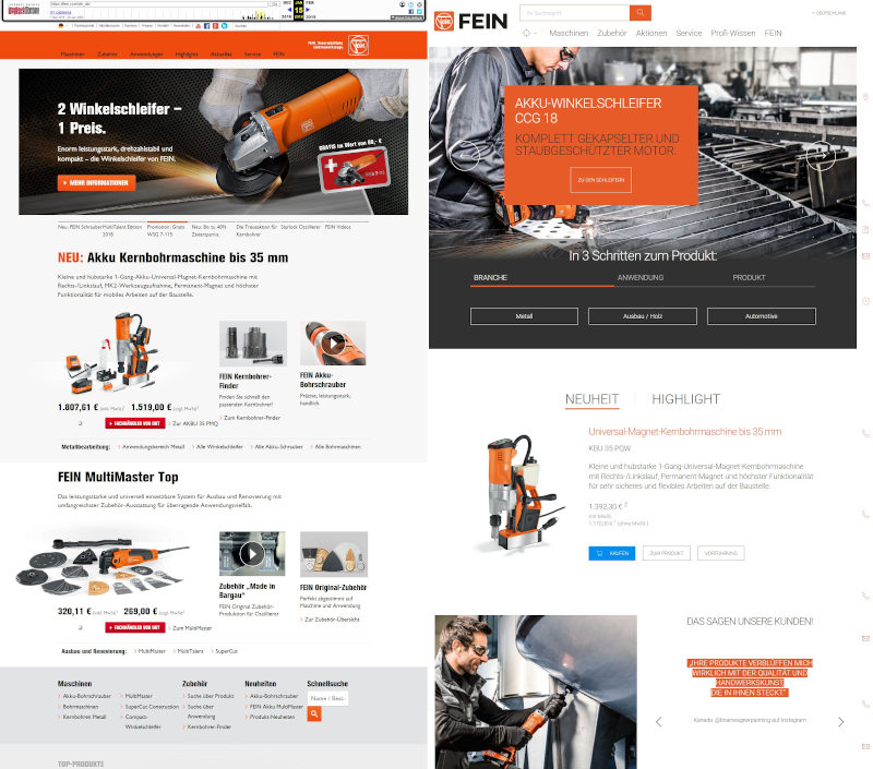 Vergleich der alten (Quelle: archive.org) und neuen Website (Quelle: fein.com).