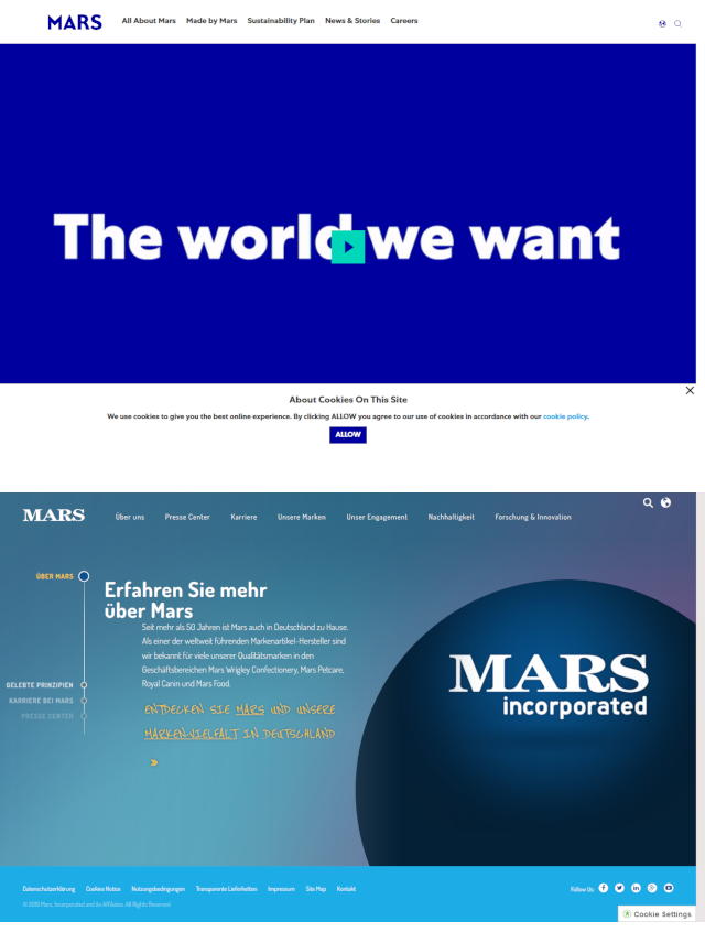 Vergleich der Websites mars.com (oben, neues Design) und mars.de (unten, bisheriges Design).