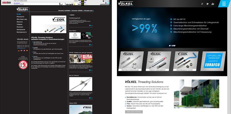 Die neue Website (re., Screenshot: voelkel.com) wurde im Vergleich zur bisherigen (li., Screenshot: web.archive.org) deutlich modernisiert.