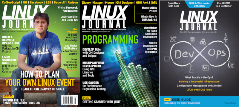 Titelseite der letzten Print-Ausgabe (links), der ersten reinen Online-Ausgabe (Mitte) und der letzten Ausgabe 8/2019 (rechts). Bilder: Linux Journal