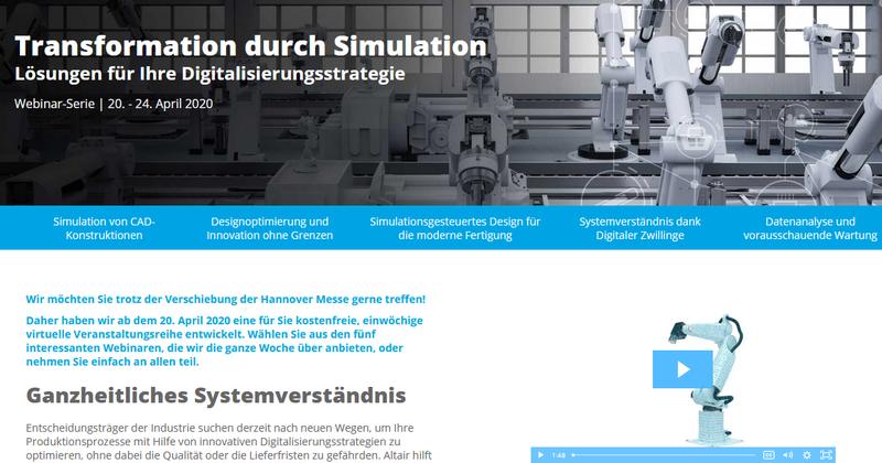 Online-Seminare als Ersatz für die ausgefallene Hannover Messe. Screenshot: web.altair.com