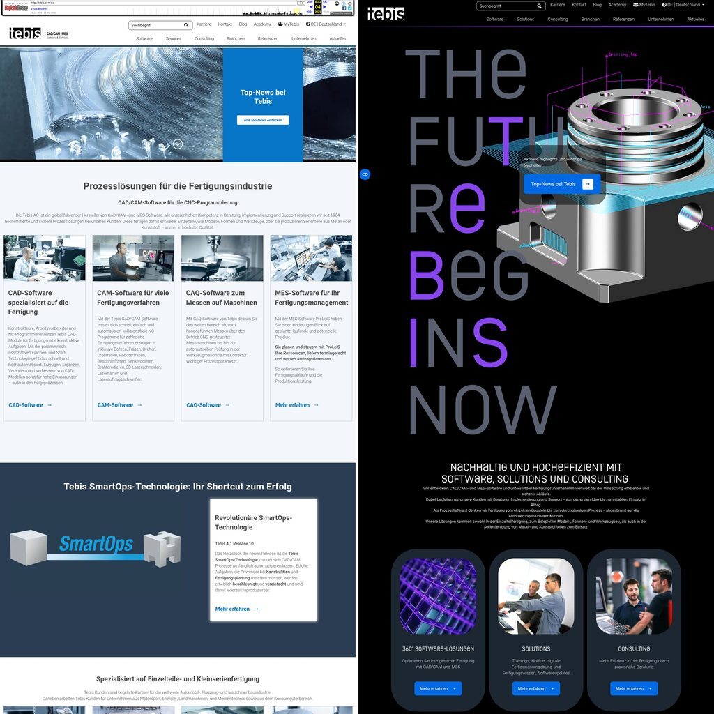 Vergleich des bisherigen und des neuen Marktauftritts am Beispiel des Website-Designs (Screenshots: Tebis).