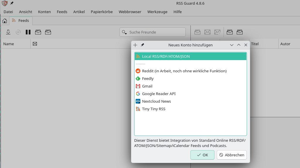 Screenshot Einrichtung RSS Guard