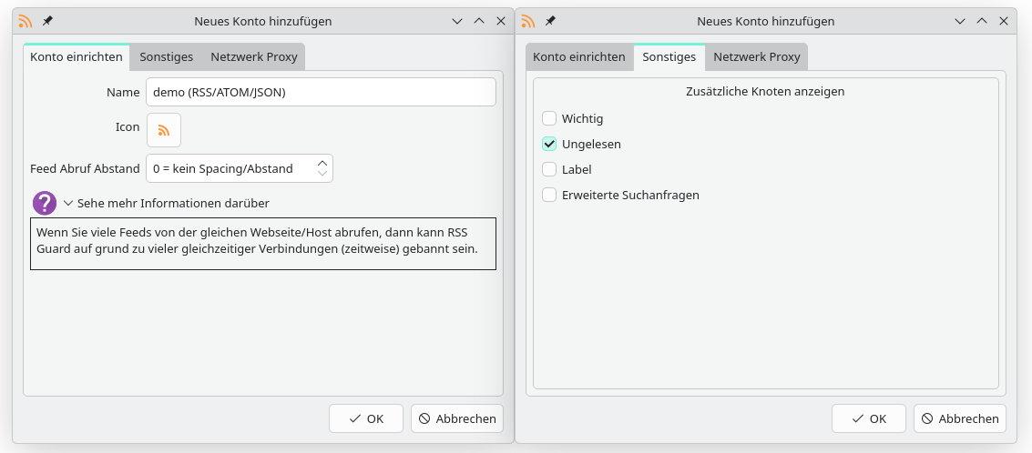 Screenshot Einrichtung RSS Guard