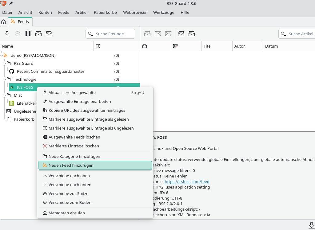 Screenshot Einrichtung RSS Guard